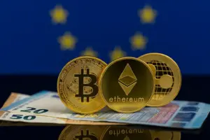 Bitcoin, Ethereum, and XRP coins on Euro notes in front of EU flag, representing crypto registration and European market expansion.