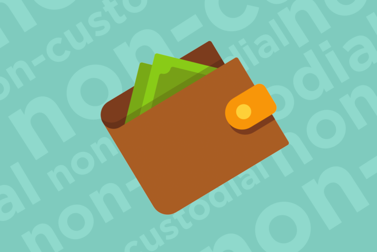 Illustration of a non-custodial wallet with money inside on a patterned background referencing non-custodial wallets