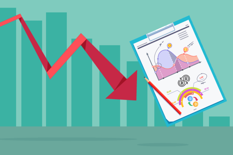 histogram with trend going down and a notebook with market analysis written