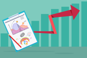 Histogram with upwards trend and a board full of market analysis written on
