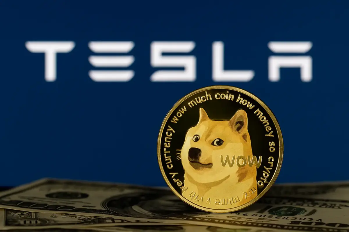 Dogecoin coin with Shiba Inu face on US dollars in front of Tesla logo, reflecting Elon Musk’s crypto influence and legal victory.