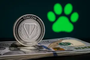 TONcoin on US dollar bills with green paw symbol in background, representing TON network outage linked to DOGS memecoin launch.