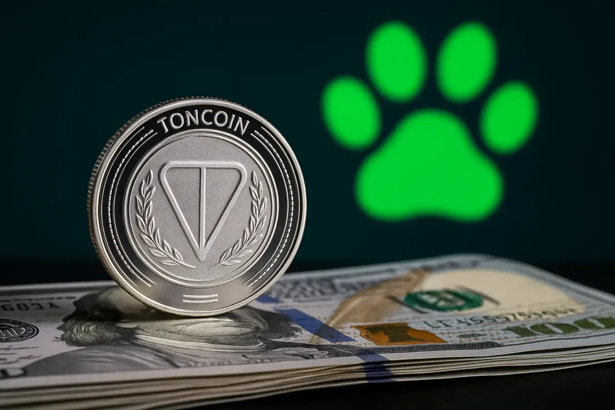 TONcoin on US dollar bills with green paw symbol in background, representing TON network outage linked to DOGS memecoin launch.