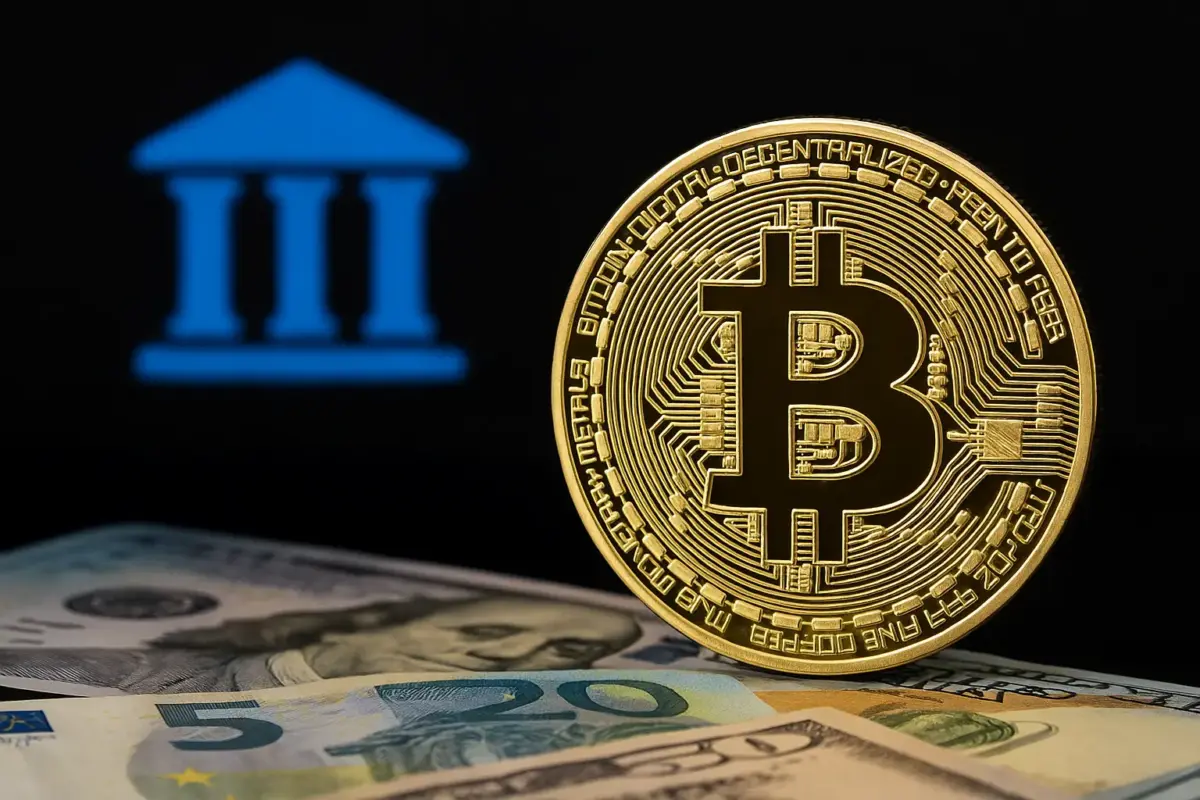 Bitcoin coin in front of a falling candlestick chart, representing crypto market outflows and declining investor sentiment in 2024.