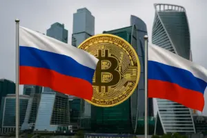 Bitcoin coin between Russian flags in Moscow skyline, representing Russia’s plan to launch new crypto exchanges for global trade.