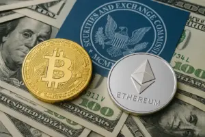Bitcoin and Ethereum coins on US dollars with SEC seal in background, illustrating crypto regulation and SEC enforcement trends.