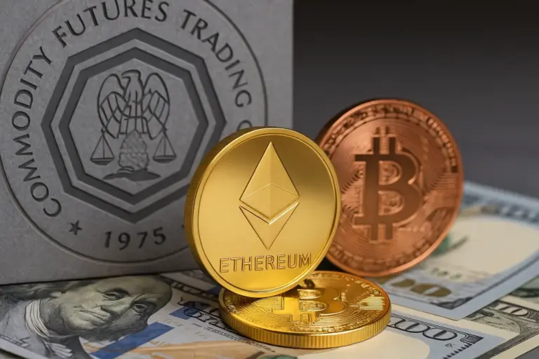 Ethereum and Bitcoin coins on US dollars near CFTC seal, symbolizing DeFi enforcement, leveraged token regulation, and fines.