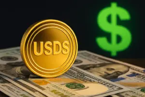 USDS stablecoin concept with gold coin on US dollars and glowing dollar sign, symbolizing BitGo's entry into the stablecoin market.