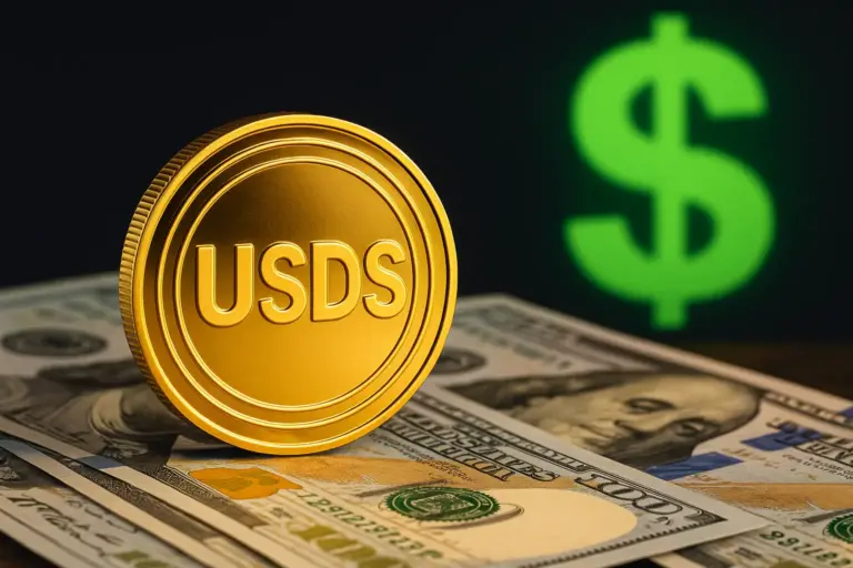 USDS stablecoin concept with gold coin on US dollars and glowing dollar sign, symbolizing BitGo's entry into the stablecoin market.