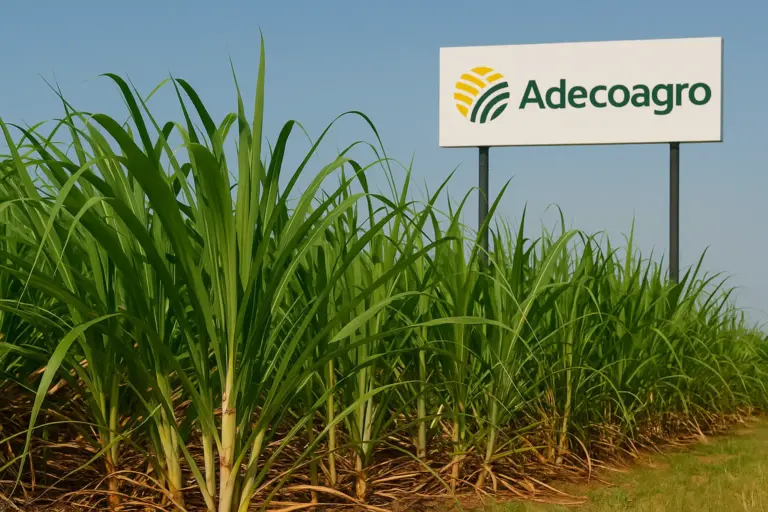 Adecoagro sugarcane field in Latin America, highlighting Tether’s $100 million investment and diversification into agriculture.