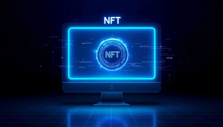 Digital screen with glowing NFT symbol representing blockchain art, trading, and NFT marketplaces in 2025.