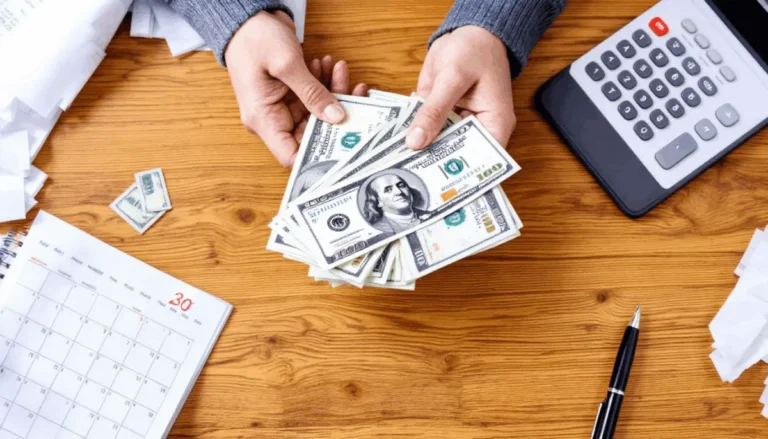 Person counting U.S. dollar bills at a desk with calculator and calendar, symbolizing DeFi earnings, crypto rewards, and financial planning.