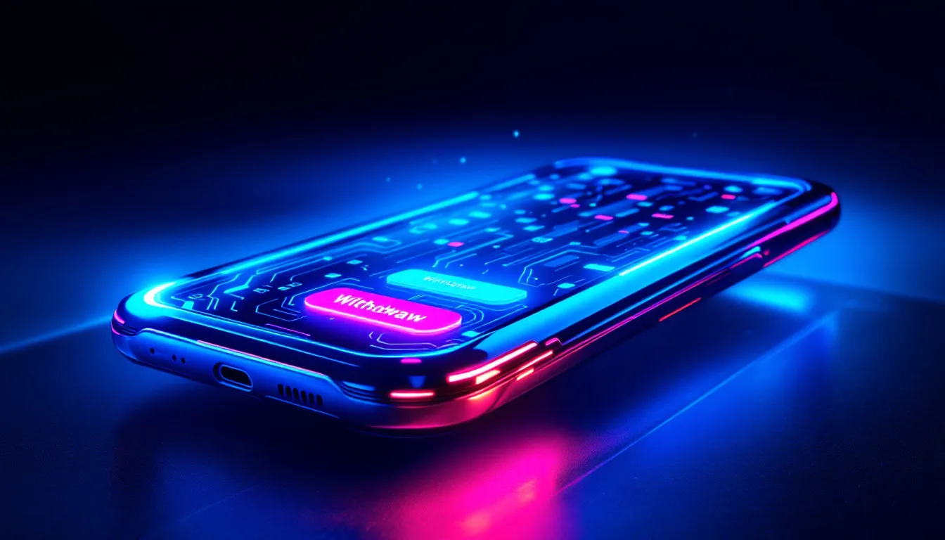 A mobile device displaying a bitcoin casino app with fast withdrawal options.