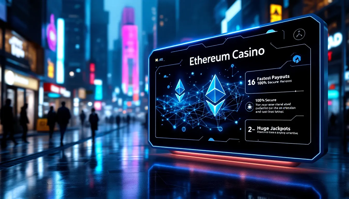 An informative graphic depicting various elements associated with choosing the best Ethereum casino, featuring icons of popular casino games like blackjack and roulette, alongside symbols representing online gambling and crypto transactions. The image effectively conveys the excitement of online casinos and highlights key aspects such as casino bonuses and secure transactions for an exceptional gaming experience.