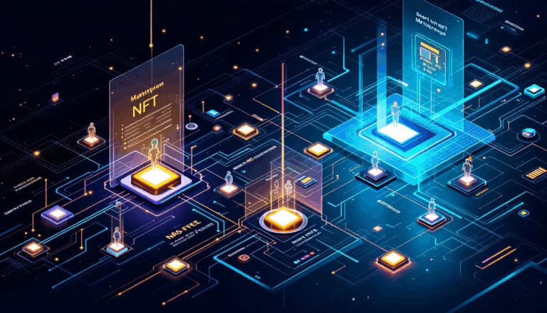 Digital illustration of NFT marketplaces and DeFi platforms, showing blockchain-powered virtual assets, users, and smart contracts.