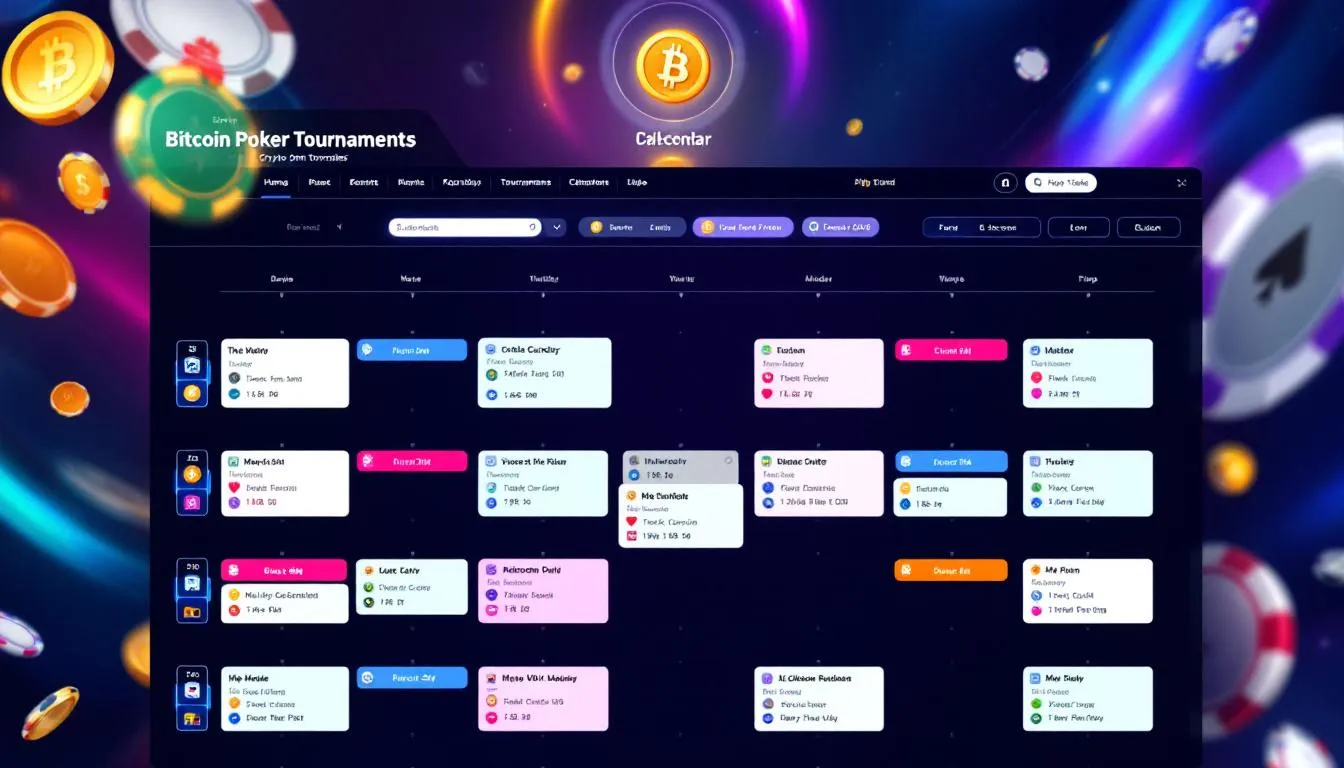 A calendar showing bitcoin poker tournaments schedules for various crypto poker sites.