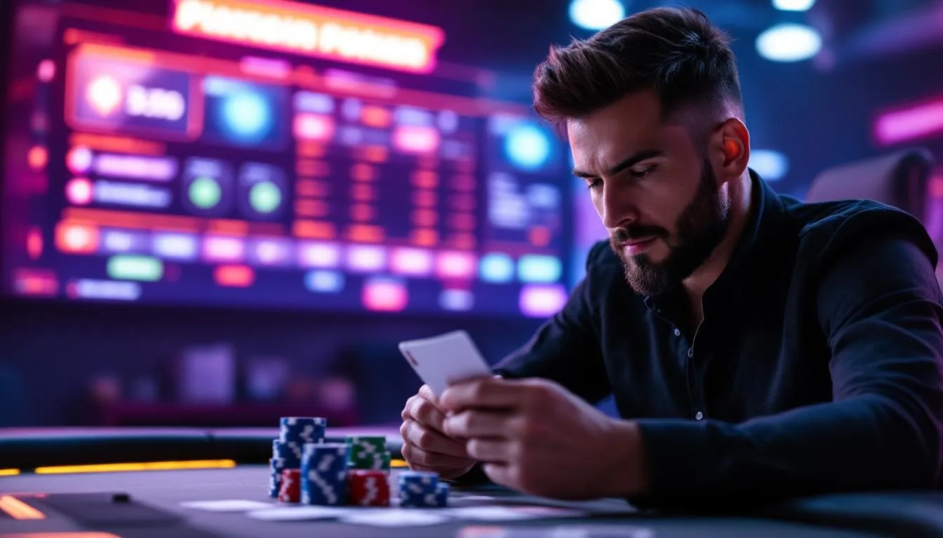 A strategic poker player analyzing their cards and chips in a bitcoin poker tournament.