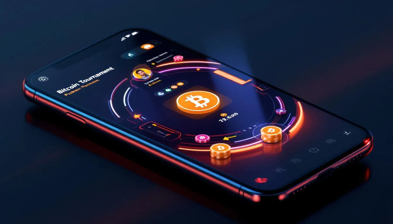 A mobile device displaying a bitcoin poker tournament interface, highlighting mobile access.