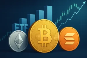 Bitcoin, Ethereum, and Solana coins with ETF growth bars and a rising chart representing rising crypto ETF investment trends.