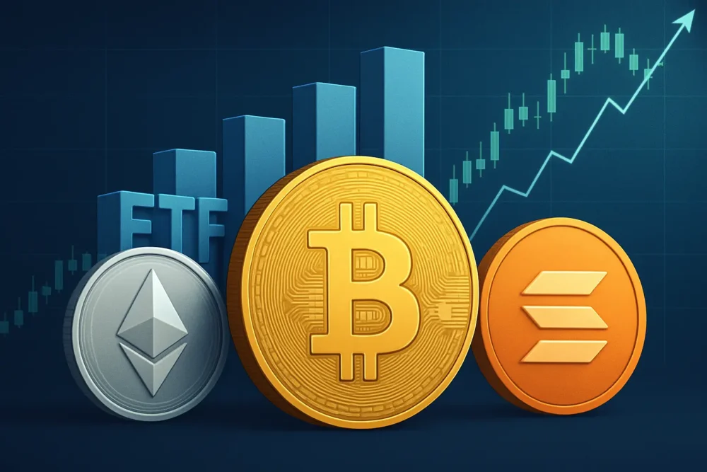 Bitcoin, Ethereum, and Solana coins with ETF growth bars and a rising chart representing rising crypto ETF investment trends.