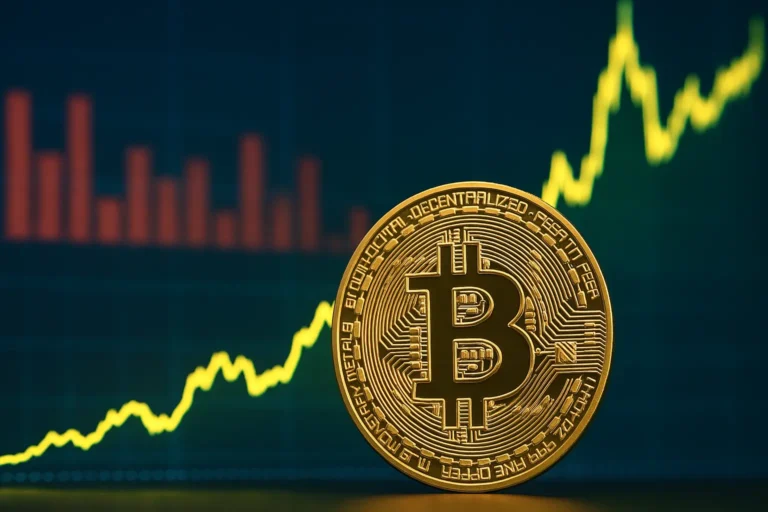 Bitcoin coin with rising price chart, symbolising crypto rally, market growth, ETF inflows, and investor interest.