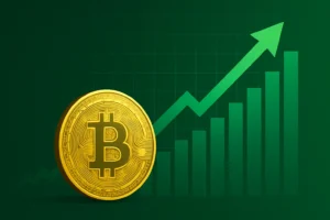 Bitcoin price surge illustration showing gold Bitcoin coin, rising chart, and arrow, symbolising crypto market rally.