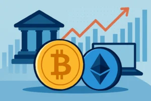 Bitcoin and Ethereum coins in front of a bank and financial chart, symbolising Standard Chartered’s crypto trading launch.