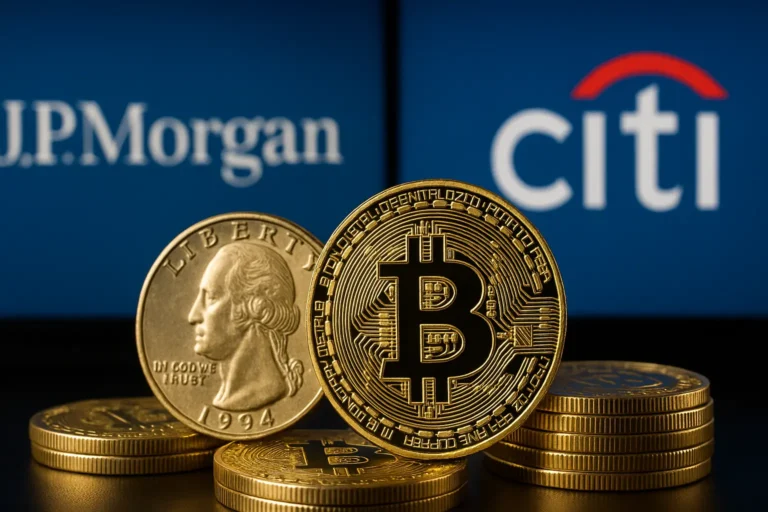 Golden Bitcoin and US dollar coins with JPMorgan and Citigroup logos, symbolising banks entering stablecoin market.