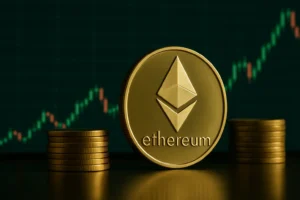 Ethereum price surge visualised with green arrow, crypto market growth, ETH chart trends, and ETF investment momentum.