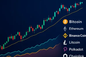 Bitcoin, Ethereum, Binance Coin, Litecoin, Polkadot, and Chainlink price chart showing recent crypto market growth.