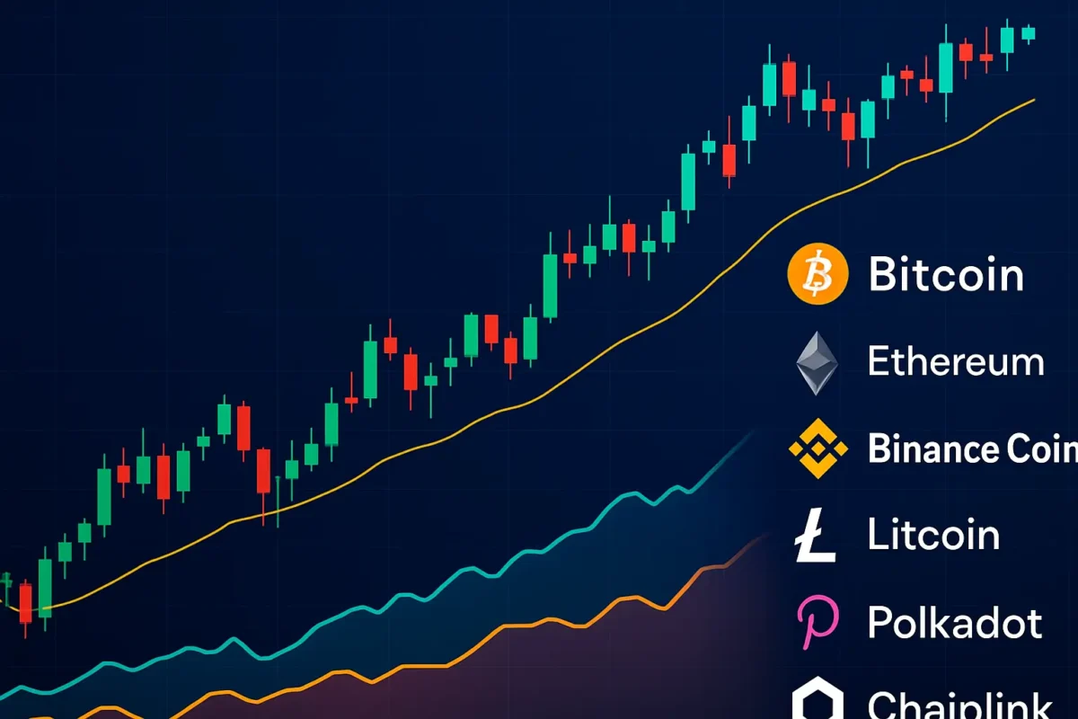 Bitcoin, Ethereum, Binance Coin, Litecoin, Polkadot, and Chainlink price chart showing recent crypto market growth.
