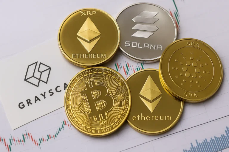 Cryptocurrency coins including Bitcoin, Ethereum, Solana, XRP, and Cardano placed over financial charts for crypto ETF context.
