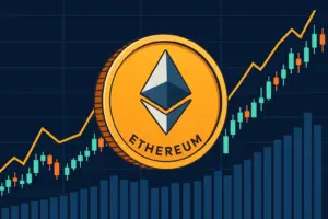 Ethereum coin with financial charts showing growth, representing Ethereum price trends, ETFs, and crypto market moves.