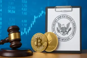 Bitcoin, Ethereum coins with SEC clipboard and gavel, representing crypto ETF regulation delays and market interest in ONDO.