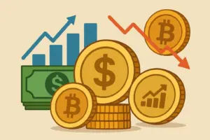 Stablecoins rise, Bitcoin dips, and market trends shift—an illustration of crypto volatility and financial growth indicators.