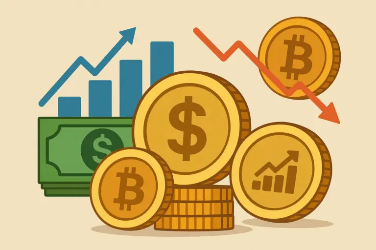 Stablecoins rise, Bitcoin dips, and market trends shift—an illustration of crypto volatility and financial growth indicators.