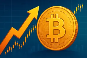 Bitcoin price illustration showing bullish momentum with rising candlesticks and upward chart, reflecting crypto market trends.