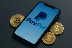 Smartphone displaying PayPal logo next to cryptocurrency coins including Bitcoin, Ethereum, Tether, and Solana on a dark textured surface.