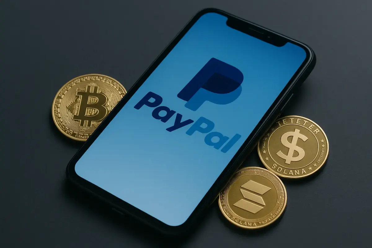 Smartphone displaying PayPal logo next to cryptocurrency coins including Bitcoin, Ethereum, Tether, and Solana on a dark textured surface.