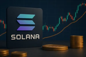 Solana staking ETF visual with SOL logo and trading chart showing institutional interest in crypto investment products