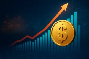 Stablecoin market growth with digital dollar coin and rising chart symbolising adoption and regulation in 2025.