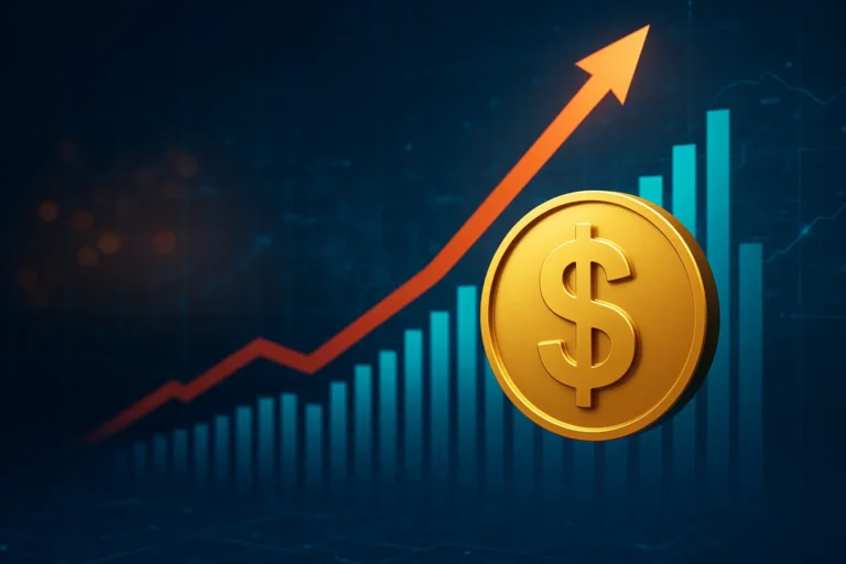 Stablecoin market growth with digital dollar coin and rising chart symbolising adoption and regulation in 2025.