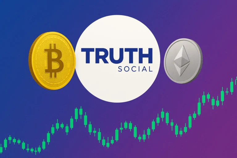 Truth Social Bitcoin and Ethereum ETF visual with crypto coins and chart, symbolising digital asset investment strategy.