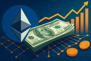 Ethereum, stablecoins, and DeFi growth represented by ETH logo, U.S. dollars, and rising market chart on a digital blockchain.