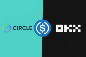 Circle and OKX logos with USDC symbol between them, illustrating a stablecoin partnership to boost crypto liquidity and access.