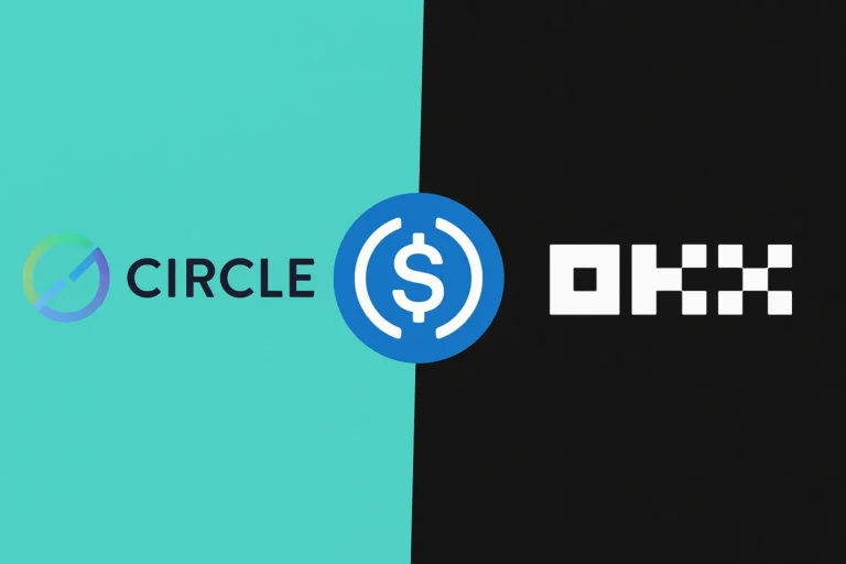 Circle and OKX logos with USDC symbol between them, illustrating a stablecoin partnership to boost crypto liquidity and access.