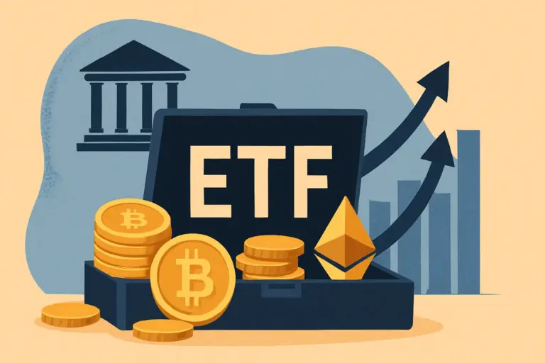 Bitcoin and Ethereum ETF concept illustration showing coins, charts, and regulatory symbolism amid SEC review delays.