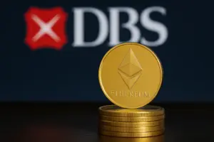 Golden Ethereum coin representing DBS Bank’s tokenised structured notes launch on blockchain for institutional investors.