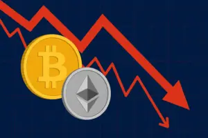 Bitcoin and Ethereum prices fall as the crypto market declines, shown by a red downward arrow and falling price charts.