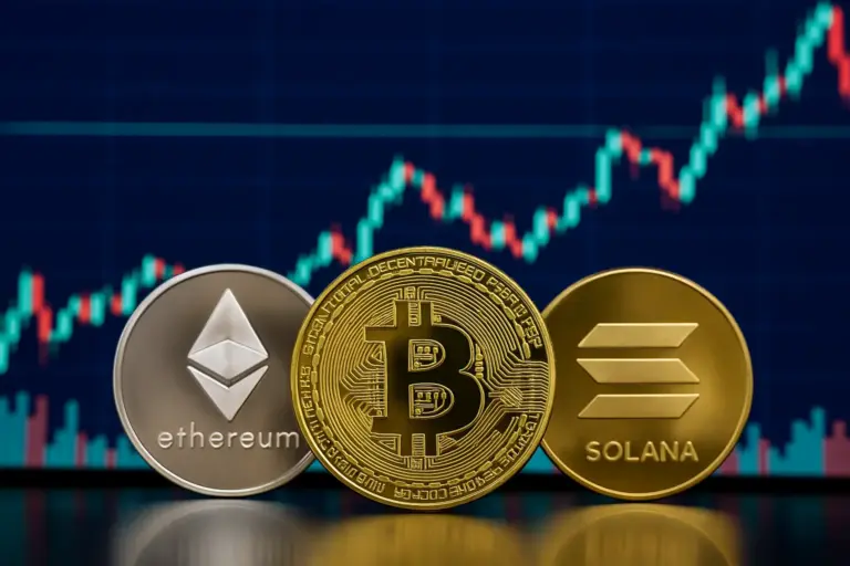 Bitcoin, Ethereum, and Solana coins shown with a crypto price chart, reflecting CoinShares’ Q2 performance and market trends.
